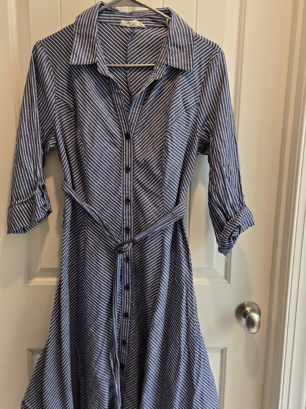 Parallel Skies Blue Striped Button-Front Shirt Dress with Belt